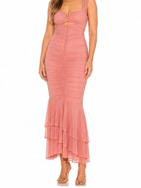 Michael Costello Rose Pink Ruched Maxi Dress with Tiered Hem